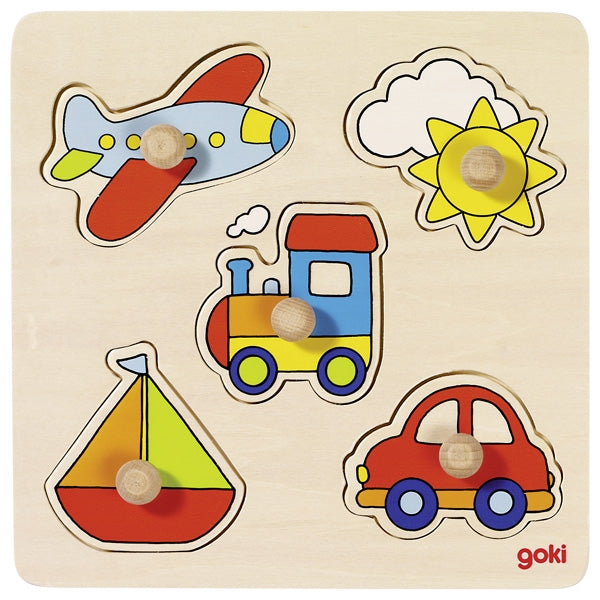 Goki 5 Peg Wooden Toddler Puzzle Goki Baby Puzzles Vehicles at Little Earth Nest Eco Shop