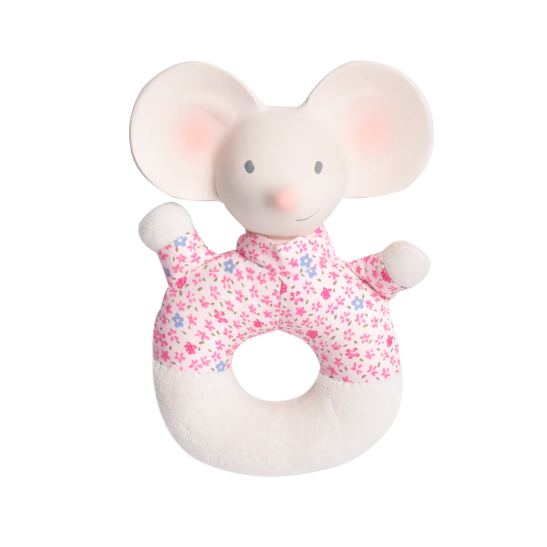 Meiya Mouse Natural Rubber Rattle Little Earth Nest Dummies and Teethers Pink Floral at Little Earth Nest Eco Shop Geelong Online Store Australia