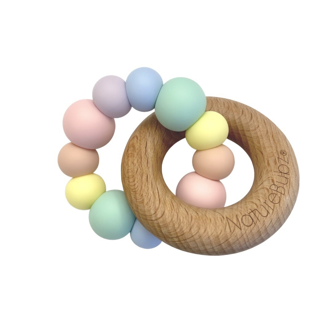 Nature Bubz Rainbow Wood and Silicone Teething Ring Nature Bubz Dummies and Teethers Unicorn Rainbow at Little Earth Nest Eco Shop Geelong Online Store Australia