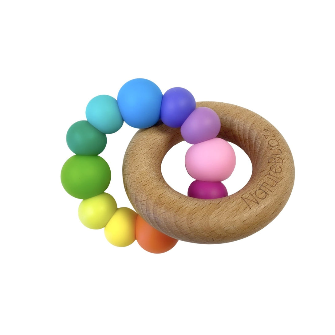 Nature Bubz Rainbow Wood and Silicone Teething Ring Nature Bubz Dummies and Teethers Rainbow Bright at Little Earth Nest Eco Shop Geelong Online Store Australia