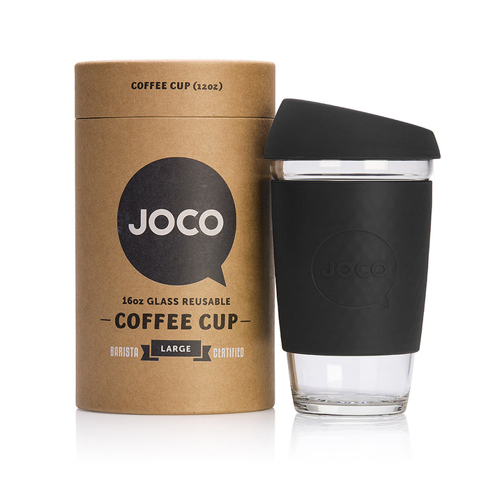 Joco Cup Reusable Glass Cup 16oz Joco Coffee & Tea Cups Black at Little Earth Nest Eco Shop