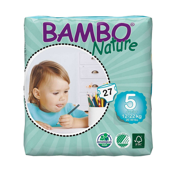 Bambo Eco Disposable Nappies Bambo Nature Nappies Size 5, 12-22kg / Pack of 27 at Little Earth Nest Eco Shop