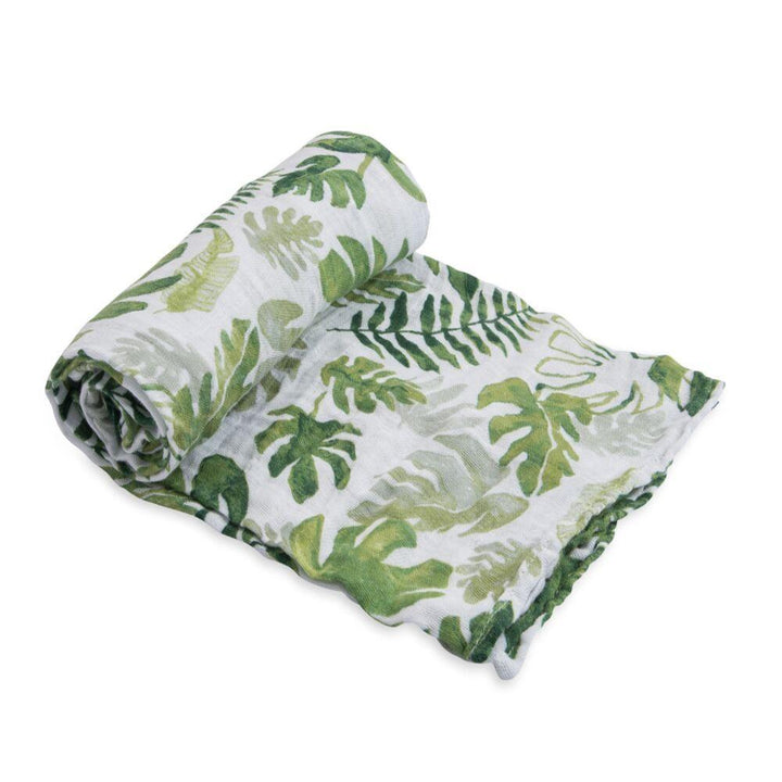 Cotton Muslin Swaddle Little Unicorn Bath and Body Tropical Leaf at Little Earth Nest Eco Shop