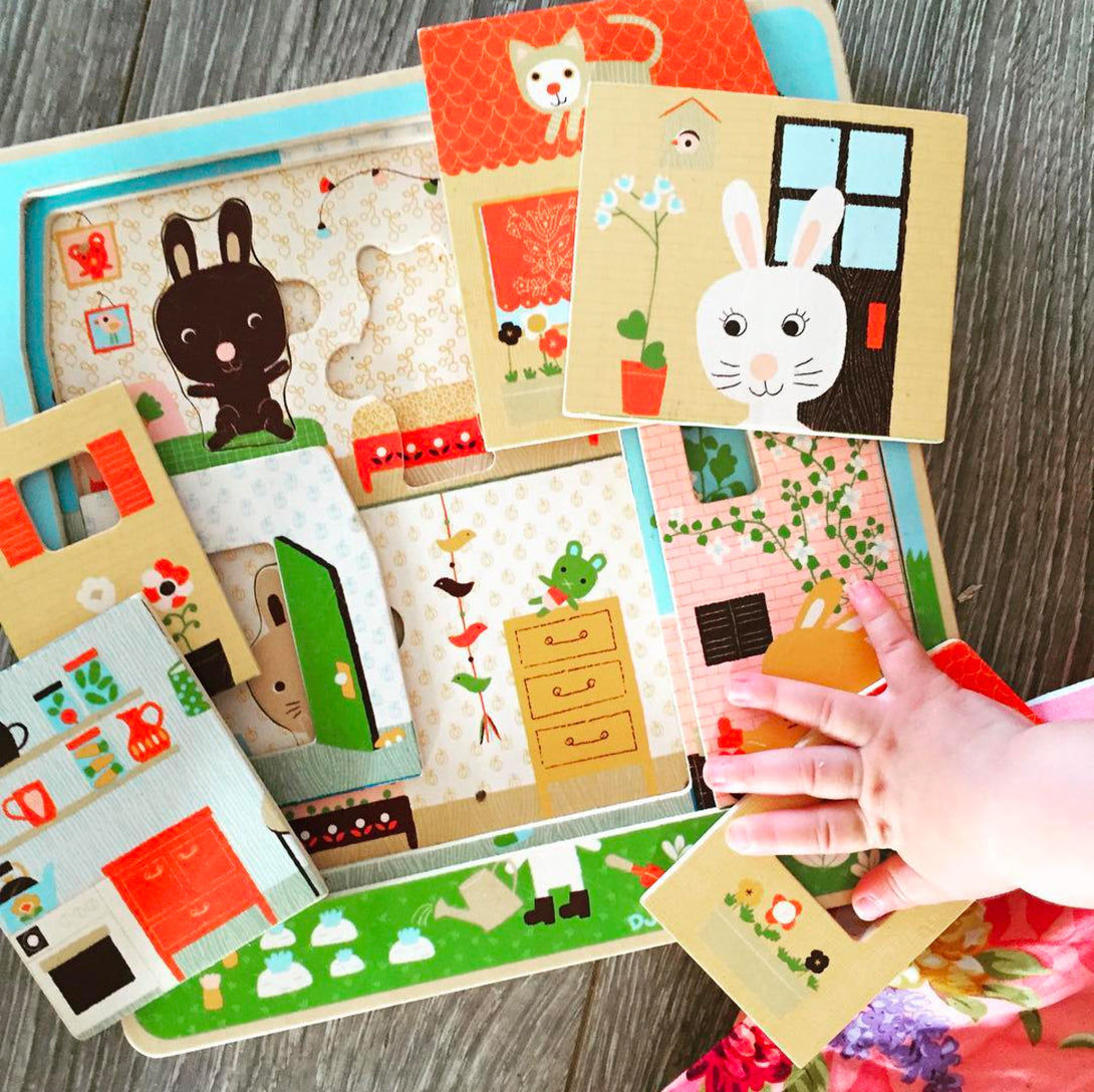 Djeco Rabbit Cottage Wooden 3 Layer Puzzle Djeco Puzzles at Little Earth Nest Eco Shop Geelong Online Store Australia