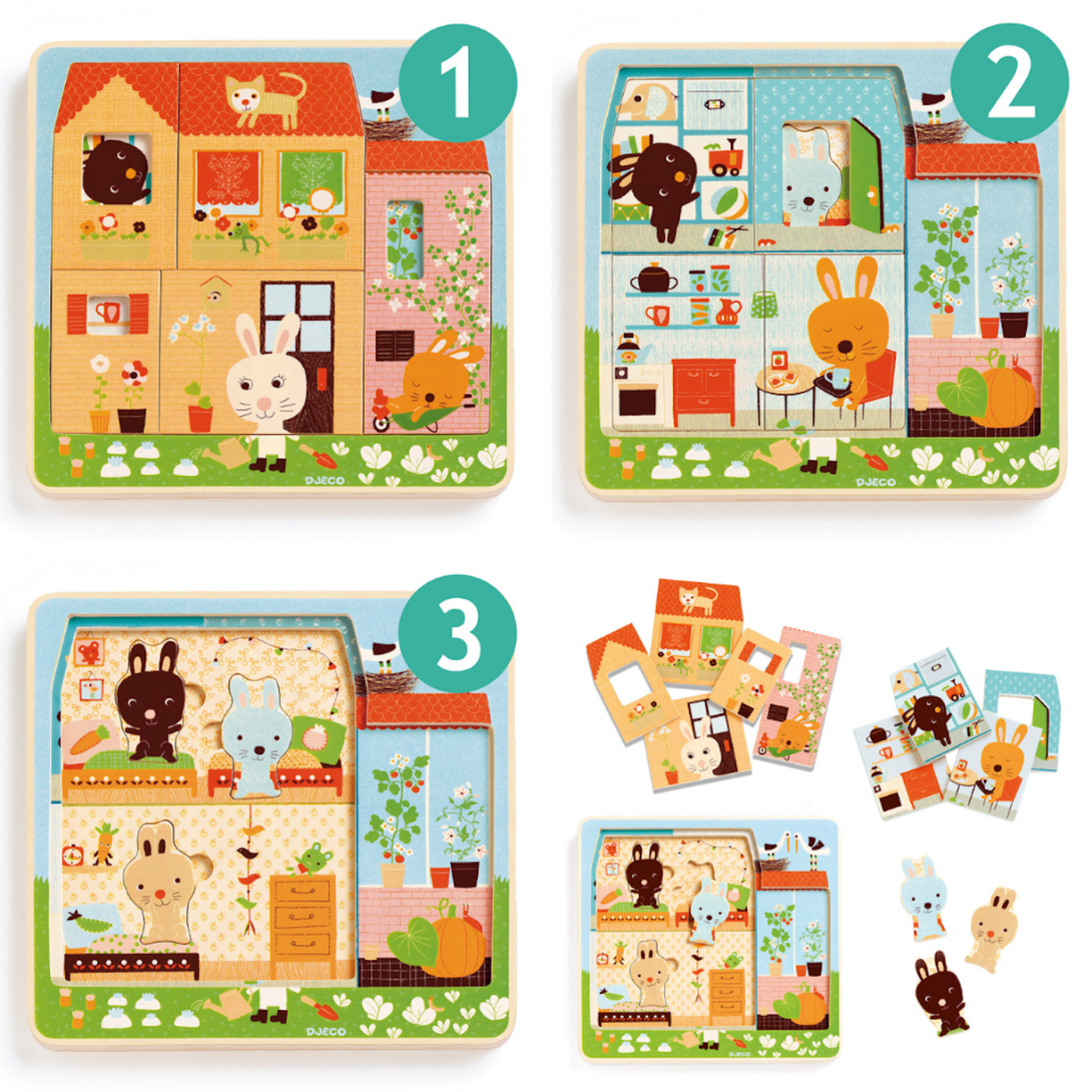 Djeco Rabbit Cottage Wooden 3 Layer Puzzle Djeco Puzzles at Little Earth Nest Eco Shop Geelong Online Store Australia