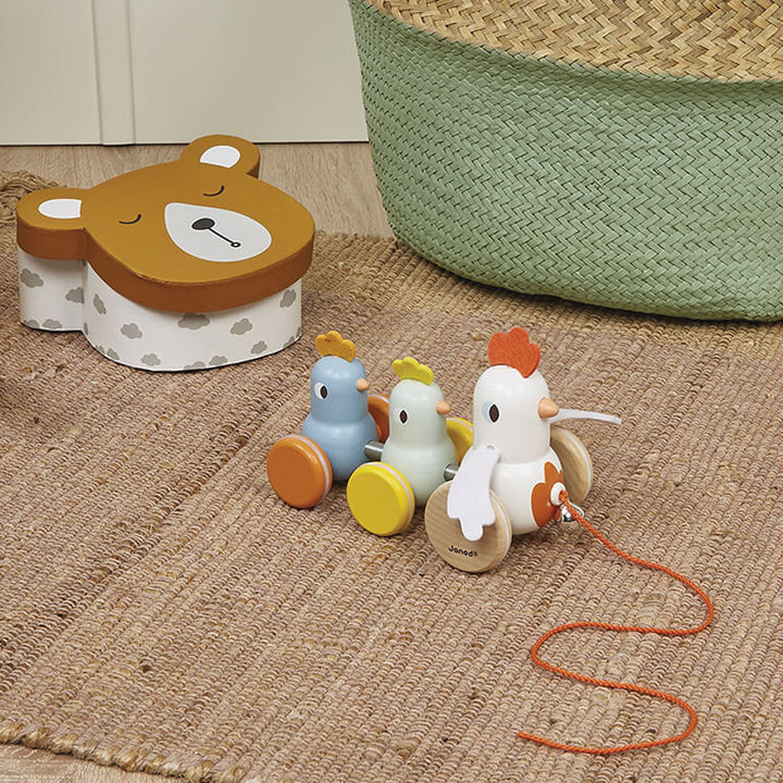 Hen Family Wooden Pull-Along Toy Janod Push and Pull Toys at Little Earth Nest Eco Shop