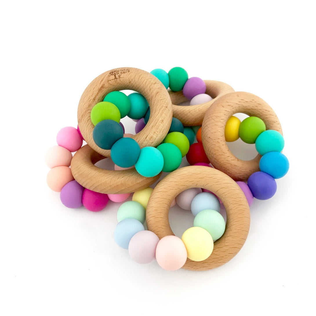 Nature Bubz Rainbow Wood and Silicone Teething Ring Nature Bubz Dummies and Teethers at Little Earth Nest Eco Shop Geelong Online Store Australia