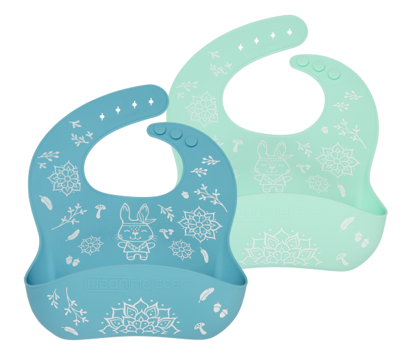 Wean Meister Easy Rinse Bibs Wean Meister Baby Feeding Printed Mint + Teal Bunny at Little Earth Nest Eco Shop