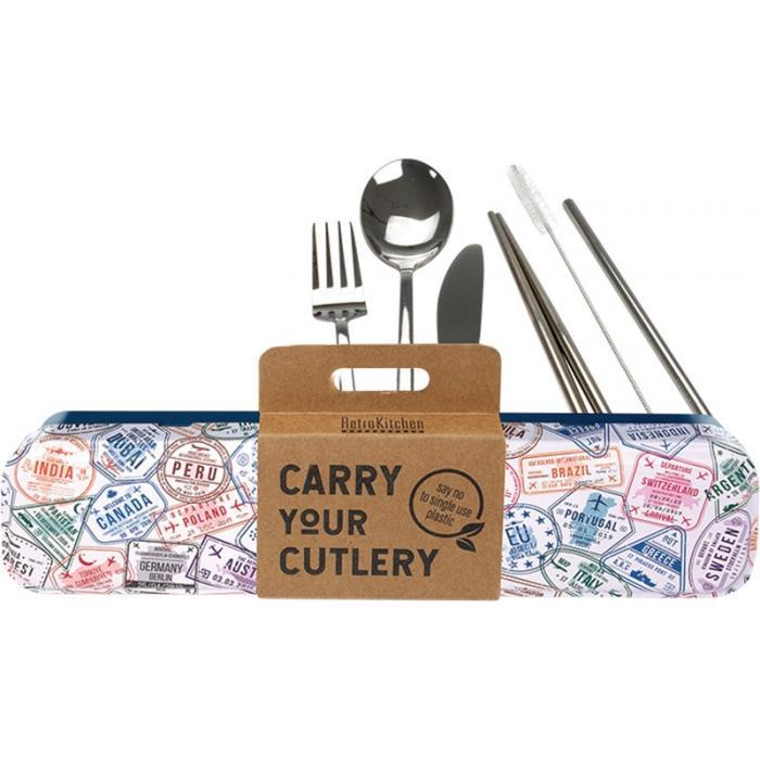 Reusable Cutlery Travel Set Retro Kitchen Lifestyle Passport Stamps at Little Earth Nest Eco Shop