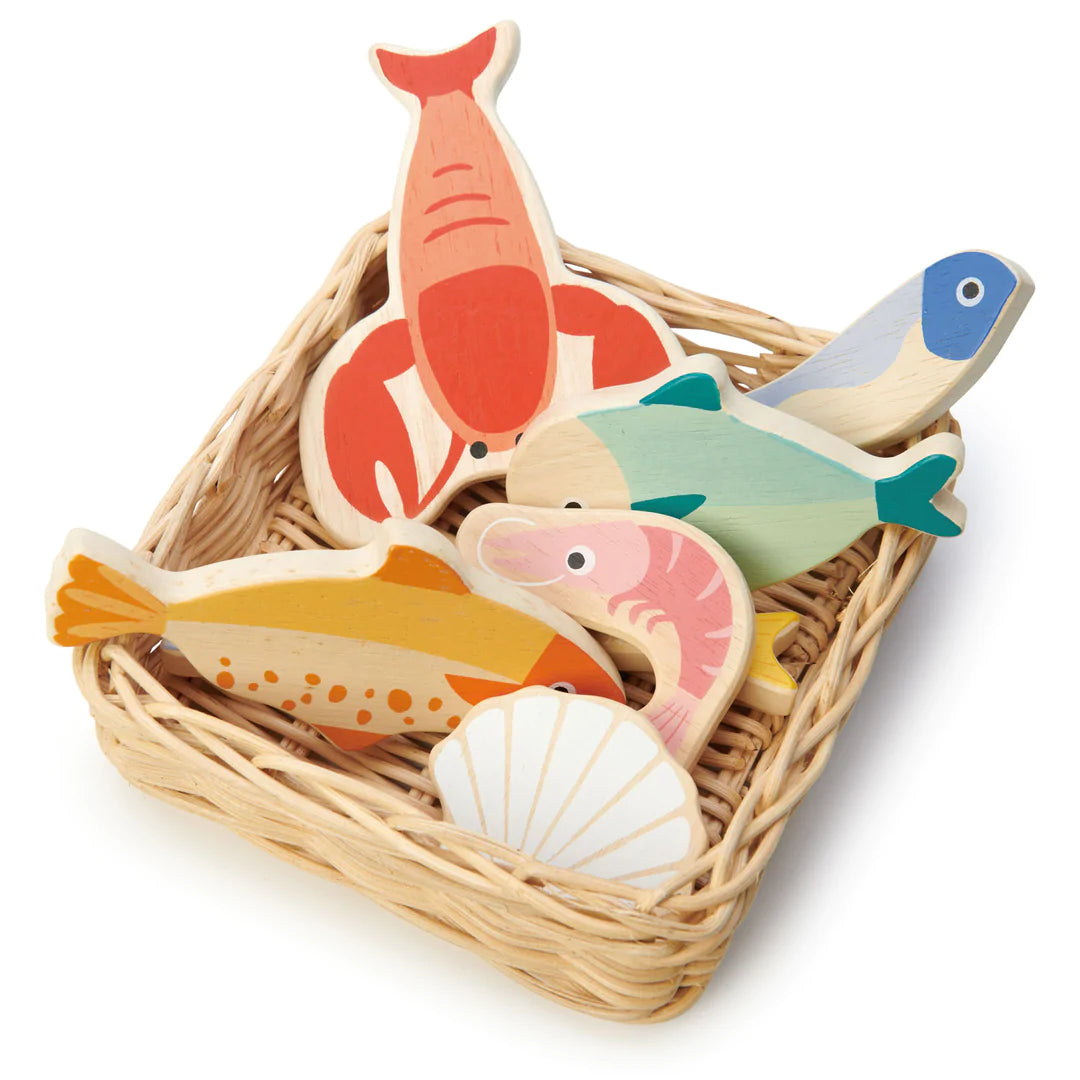 Wooden Play Food Market Baskets by Tenderleaf Toys Little Earth Nest Play Food Seafood Basket at Little Earth Nest Eco Shop Geelong Online Store Australia