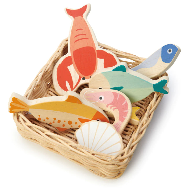 Wooden Play Food Market Baskets by Tenderleaf Toys Little Earth Nest Play Food Seafood Basket at Little Earth Nest Eco Shop