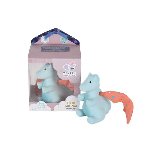 Natural Rubber Dragon Teether Tikiri Dummies and Teethers Aqua/Orange at Little Earth Nest Eco Shop Geelong Online Store Australia
